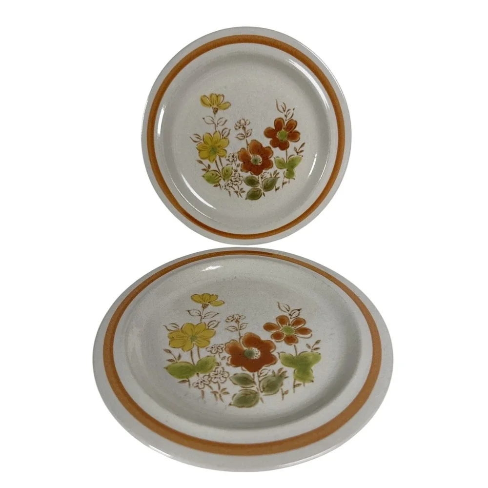 Vintage Floral Stoneware Bread Butter Plates Set 4 Brown Rim‎ 6.5 Inch Japan MCM